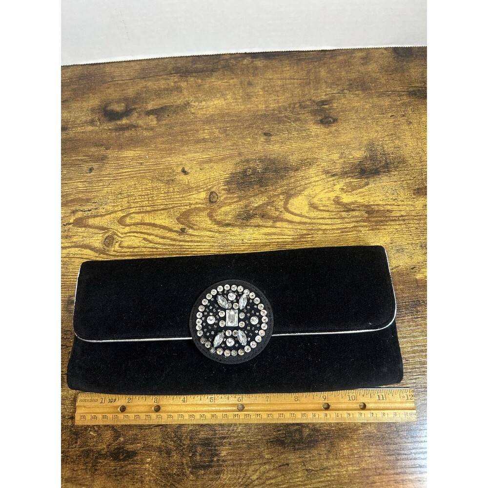 Victoria's Secret Black Velvet Clutch Rhinestone Buckle Rectangle 11x4x2" - Picture 5 of 13